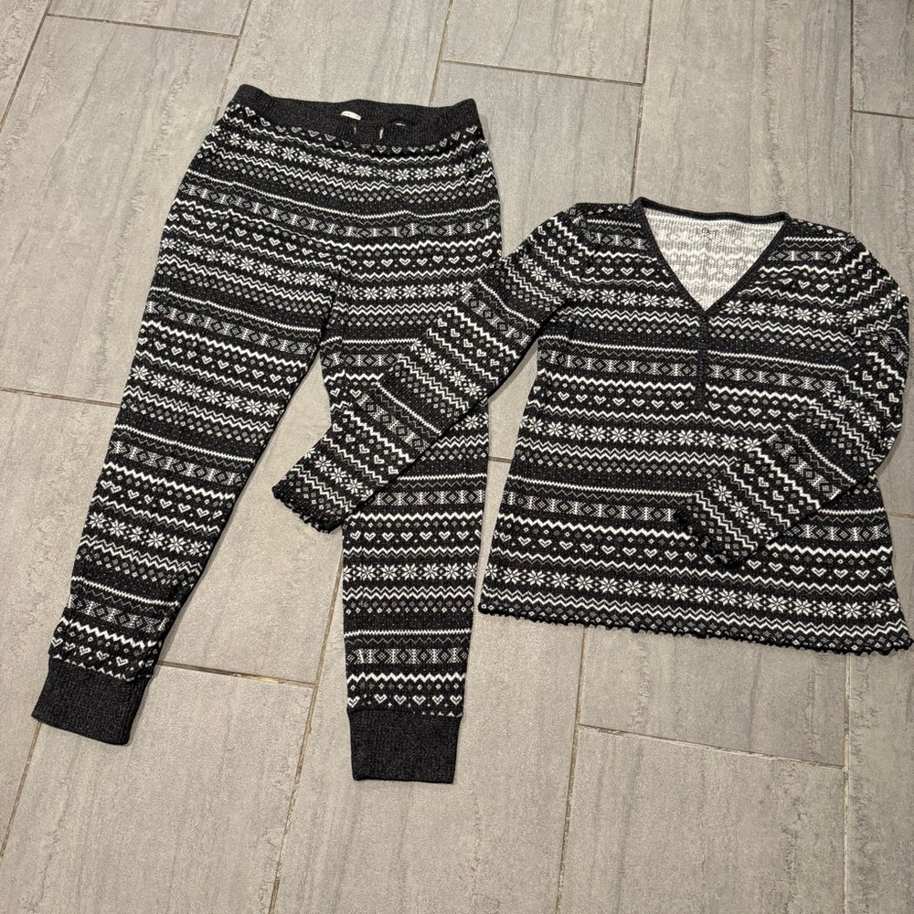 LOFT Sleep Fair Isle Black White Soft Pajama Long Sleeve Pants Set Size Small
